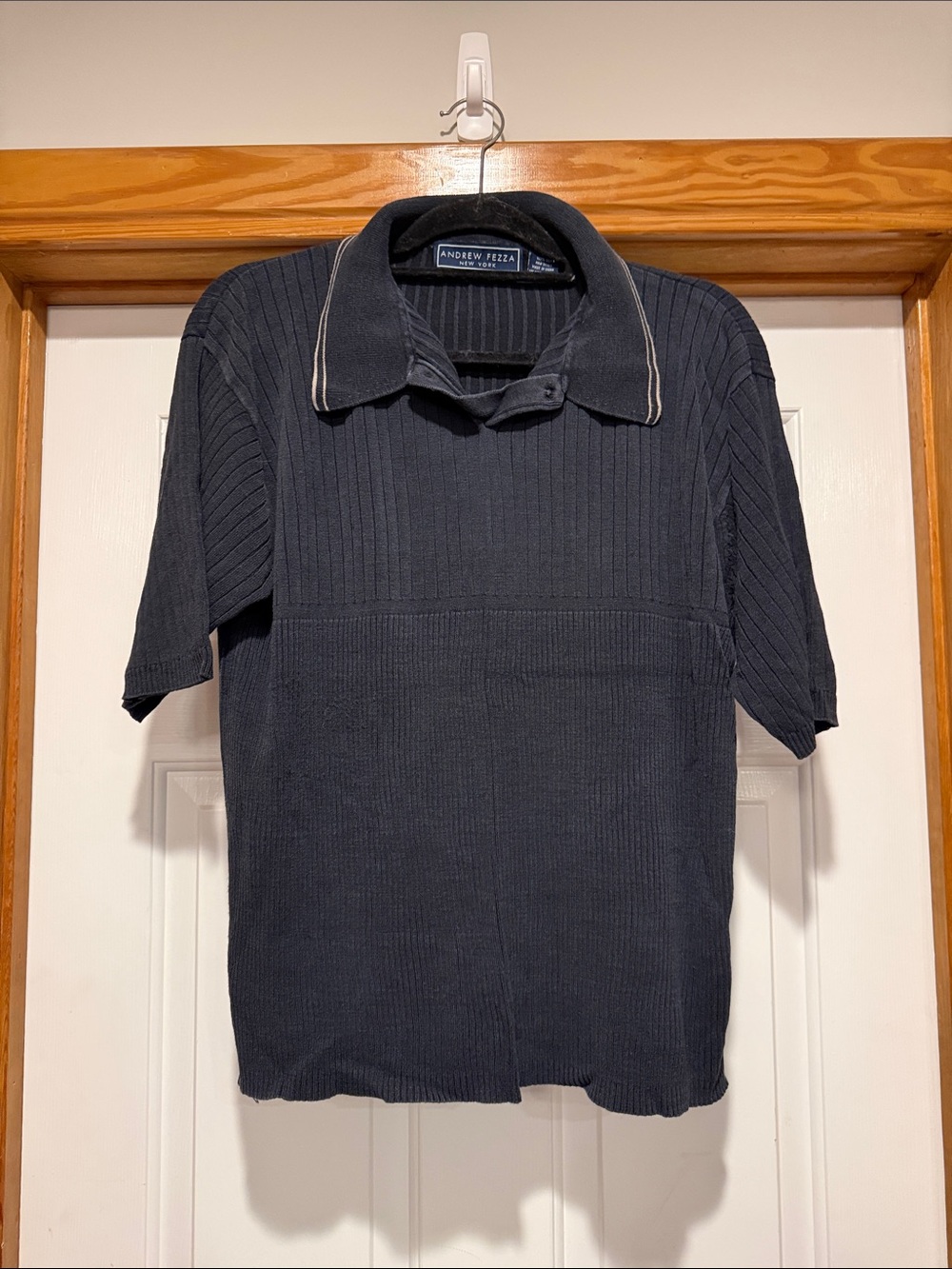 Andrew Fezza Black Ribbed Short-Sleeve Polo with Contrast Trim